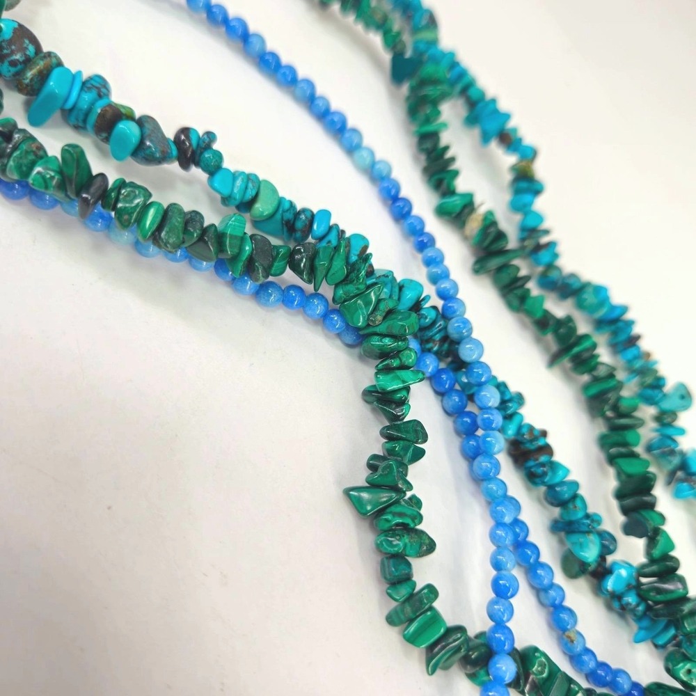 Vintage Multi Strand Turquoise Malachite Blue Bead Layered Nugget Necklace ~34in